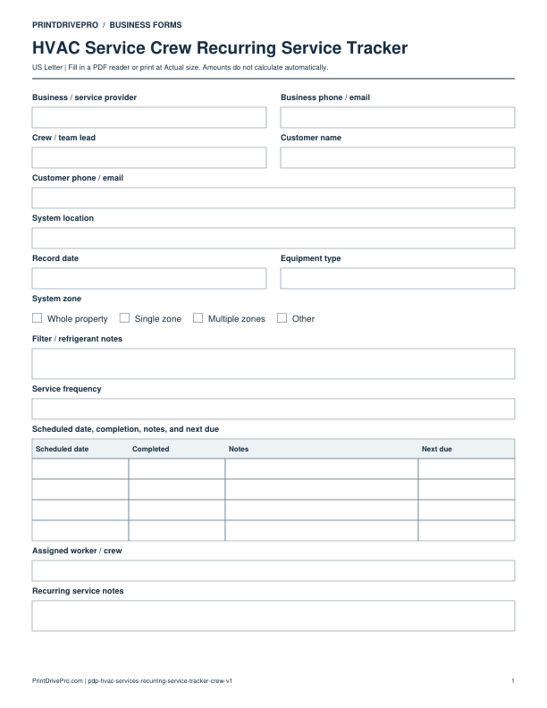 Preview of HVAC Service Crew Recurring Service Tracker