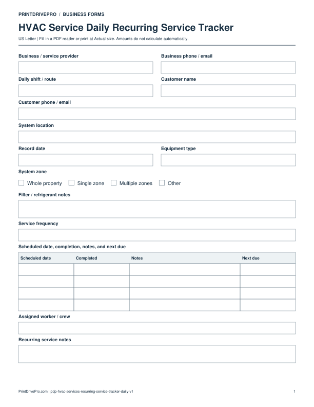 Preview of HVAC Service Daily Recurring Service Tracker