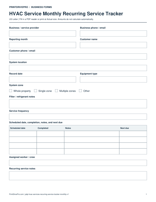 Preview of HVAC Service Monthly Recurring Service Tracker
