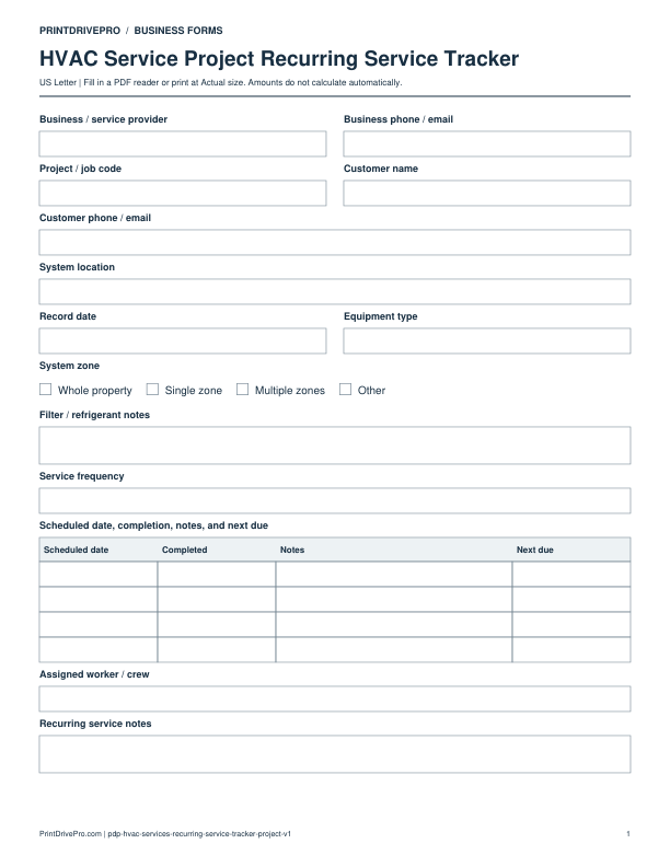 Preview of HVAC Service Project Recurring Service Tracker