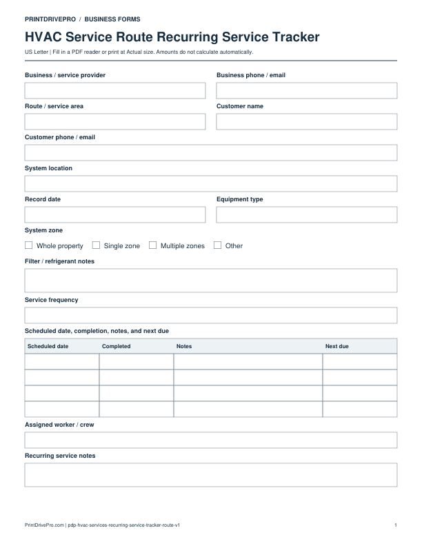 Preview of HVAC Service Route Recurring Service Tracker