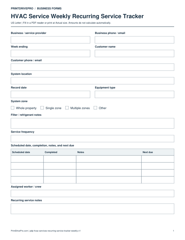 Preview of HVAC Service Weekly Recurring Service Tracker