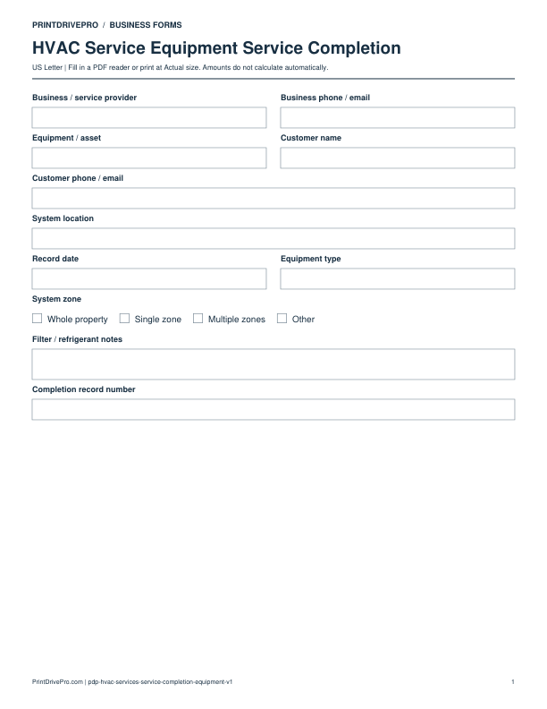 Preview of HVAC Service Equipment Service Completion