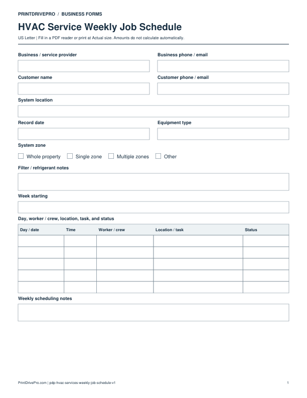 Preview of HVAC Service Weekly Job Schedule