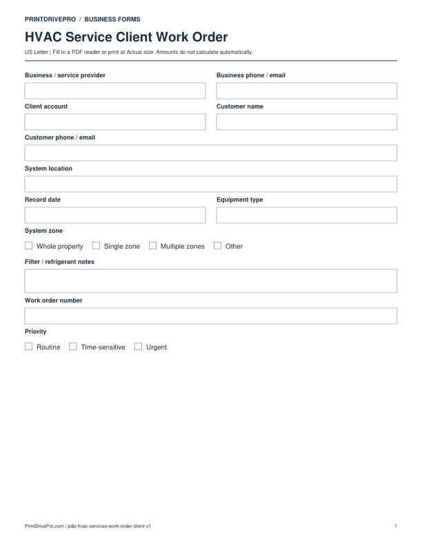 Preview of HVAC Service Client Work Order