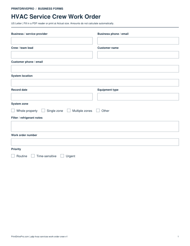Preview of HVAC Service Crew Work Order