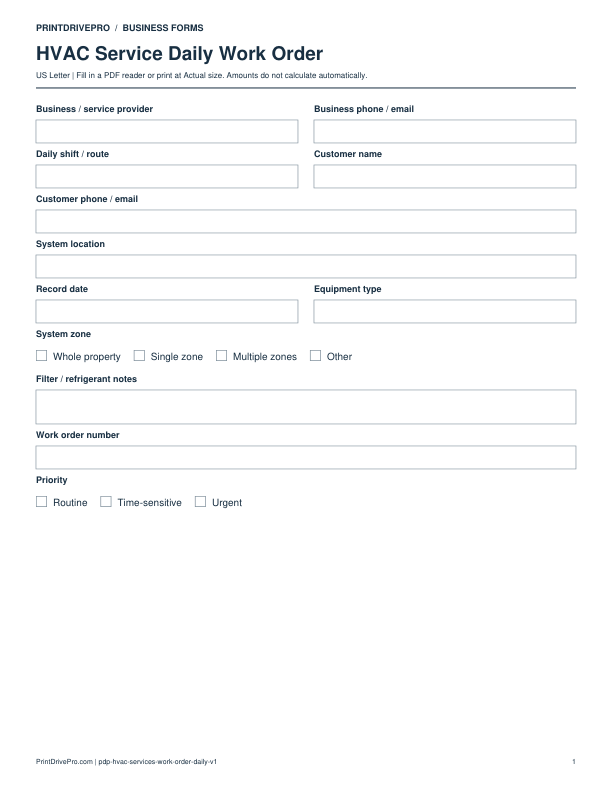 Preview of HVAC Service Daily Work Order
