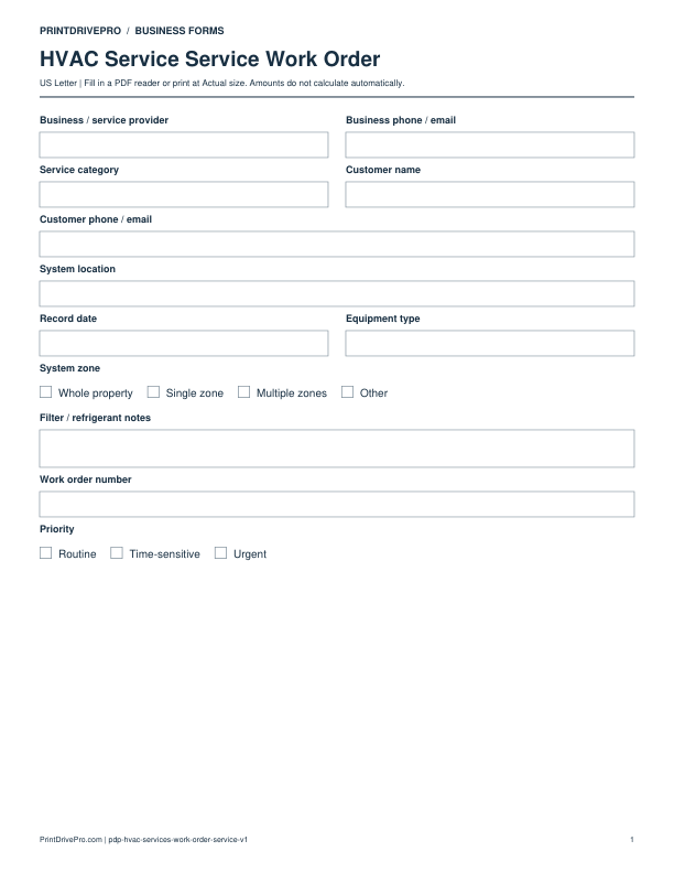 Preview of HVAC Service Service Work Order