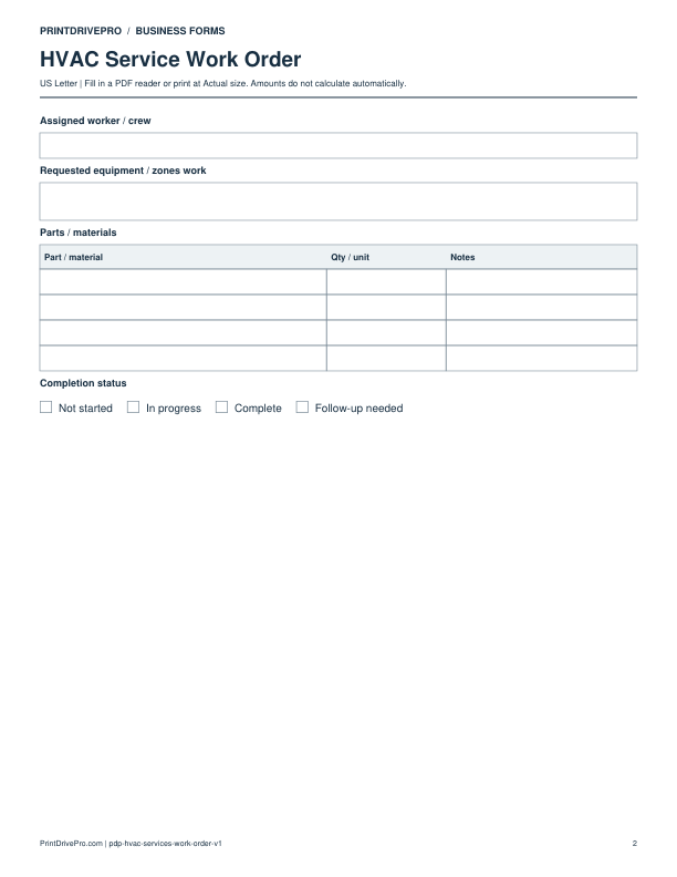 Page 2 of HVAC Service Work Order Printable