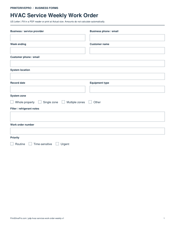 Preview of HVAC Service Weekly Work Order