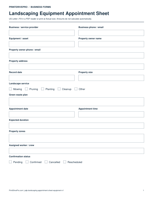 Preview of Landscaping Equipment Appointment Sheet