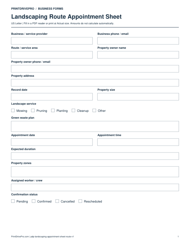 Preview of Landscaping Route Appointment Sheet