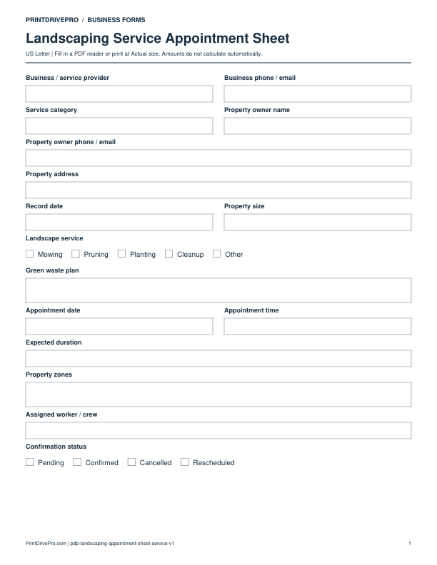 Preview of Landscaping Service Appointment Sheet