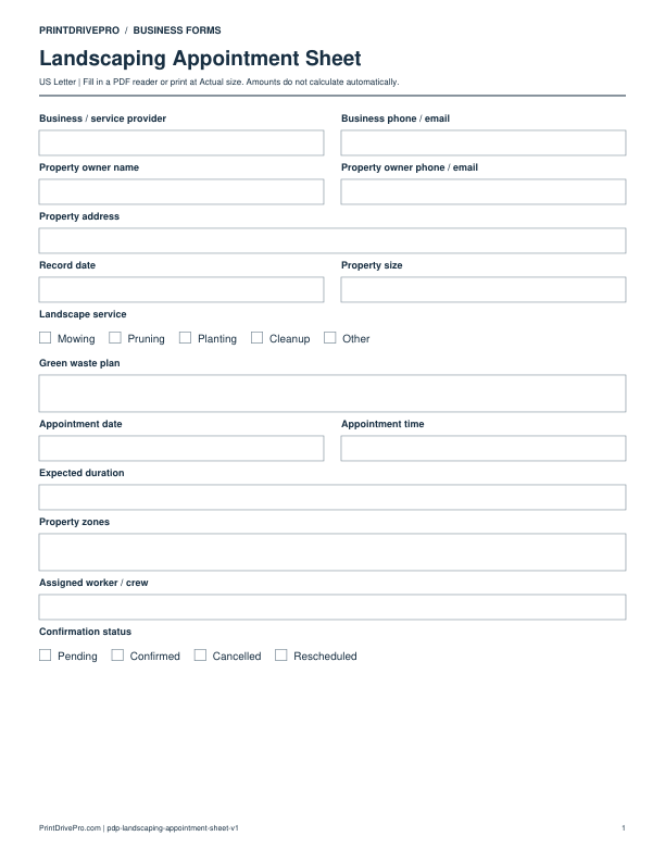 Preview of Landscaping Appointment Sheet