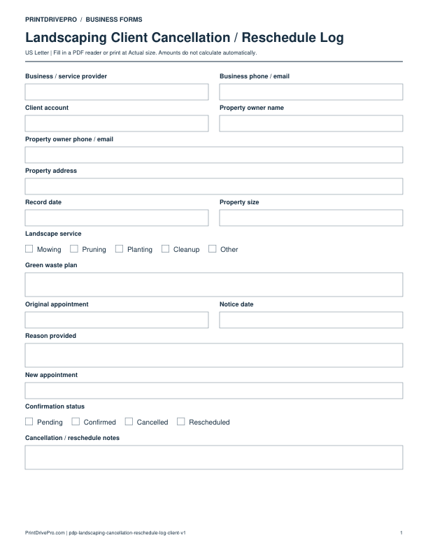 Preview of Landscaping Client Cancellation / Reschedule Log
