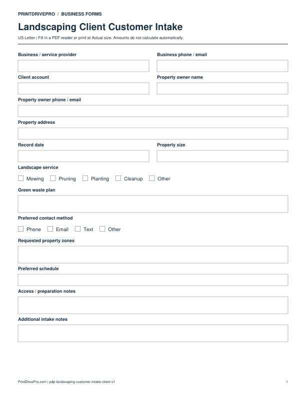 Preview of Landscaping Client Customer Intake