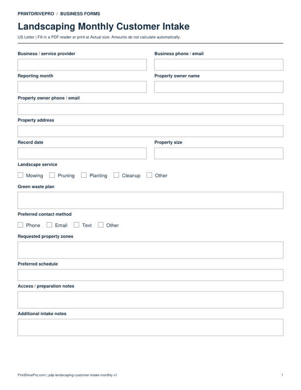 Preview of Landscaping Monthly Customer Intake