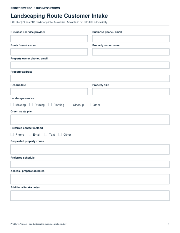 Preview of Landscaping Route Customer Intake