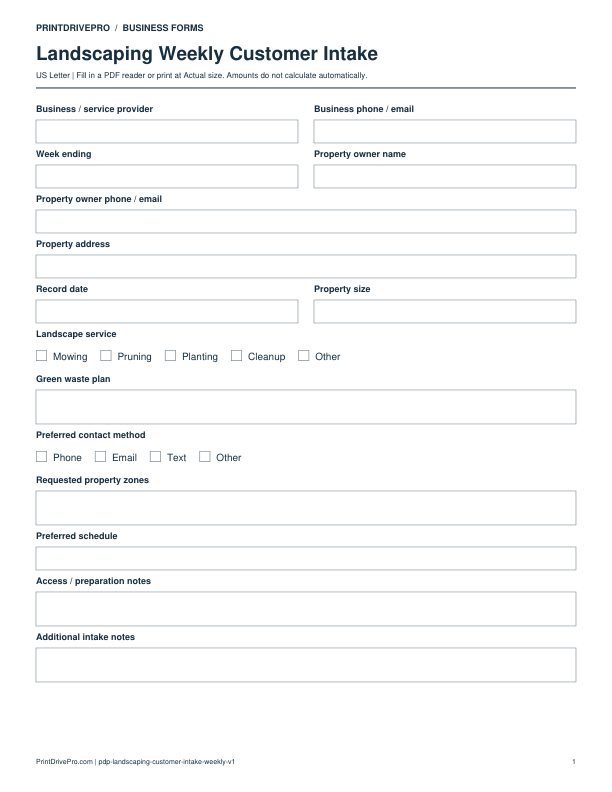Preview of Landscaping Weekly Customer Intake