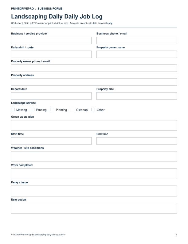 Preview of Landscaping Daily Daily Job Log