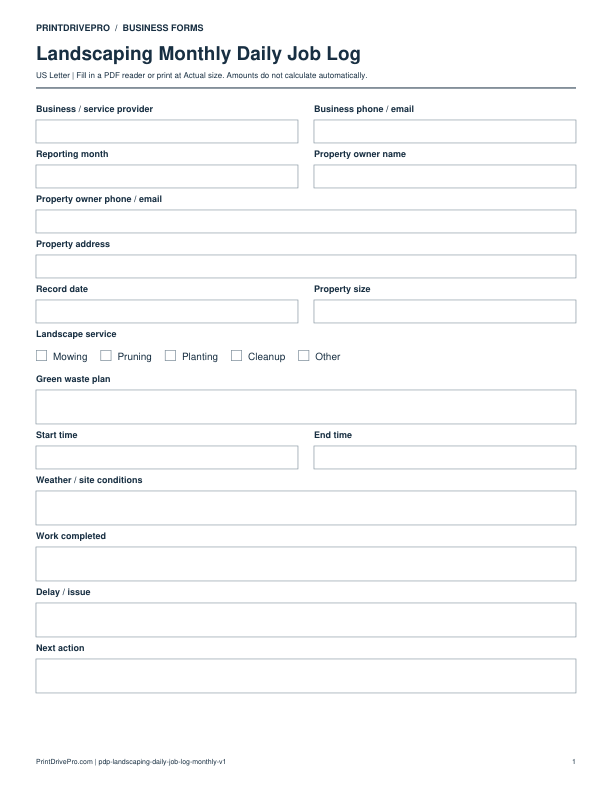 Preview of Landscaping Monthly Daily Job Log