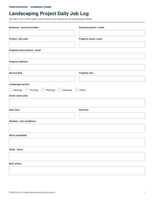 Preview of Landscaping Project Daily Job Log