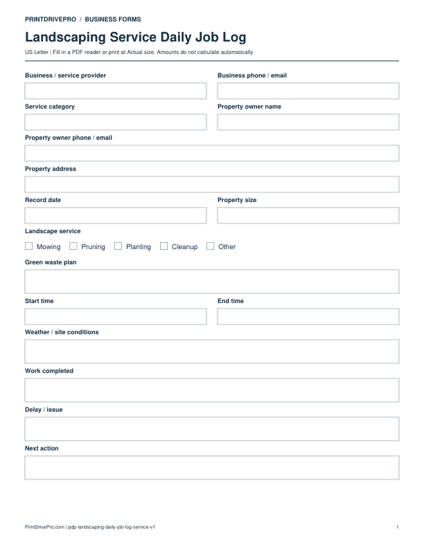 Preview of Landscaping Service Daily Job Log