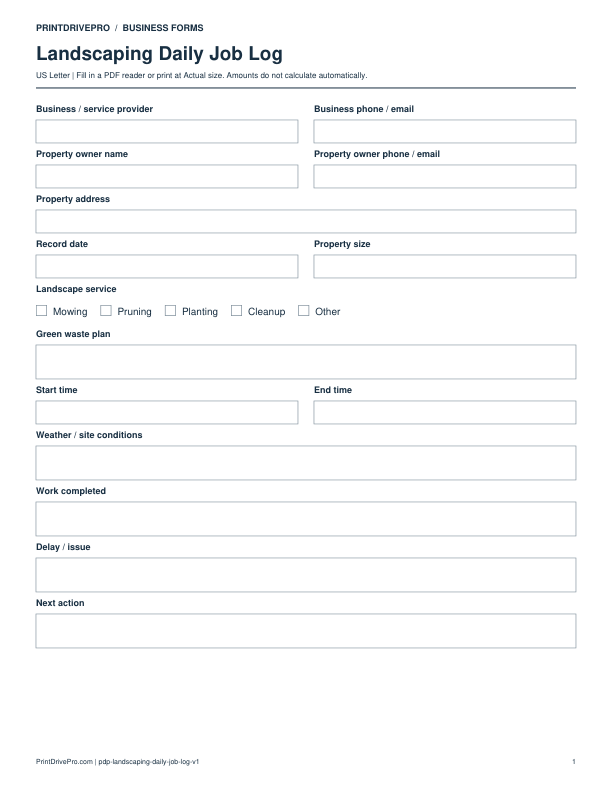Preview of Landscaping Daily Job Log