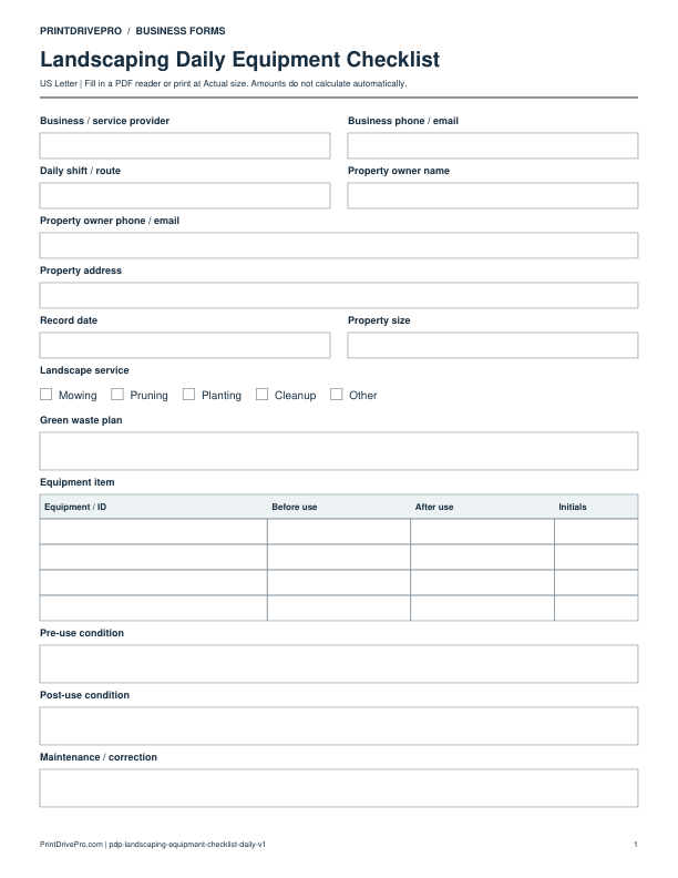 Preview of Landscaping Daily Equipment Checklist