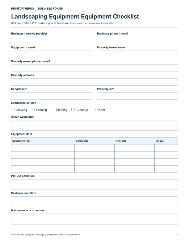 Preview of Landscaping Equipment Equipment Checklist
