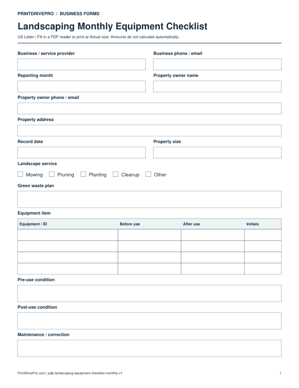 Preview of Landscaping Monthly Equipment Checklist