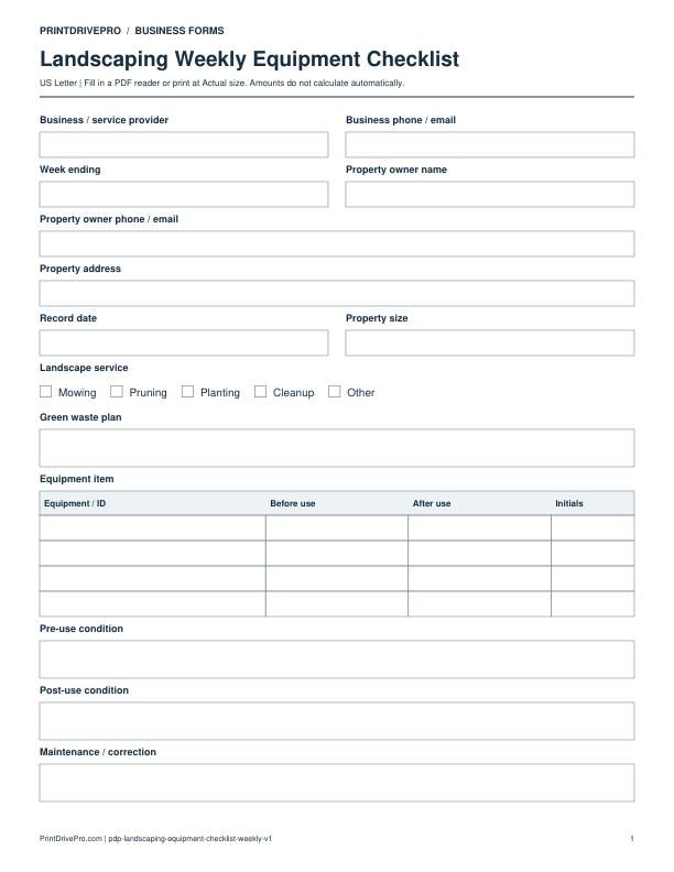 Preview of Landscaping Weekly Equipment Checklist