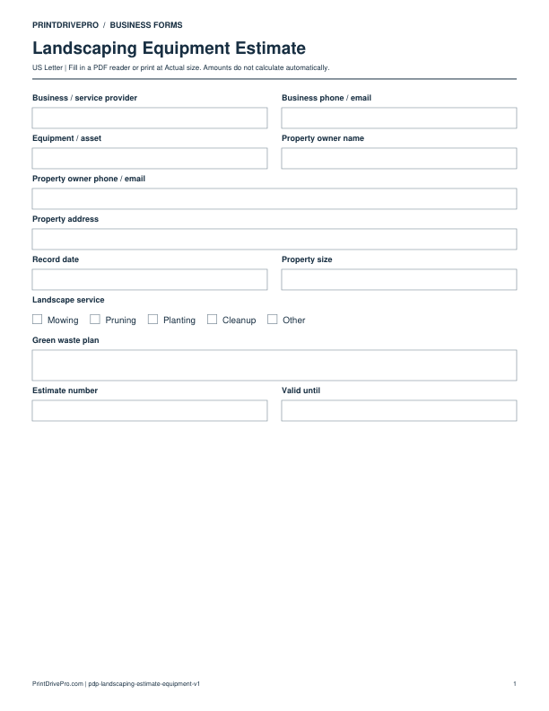 Preview of Landscaping Equipment Estimate