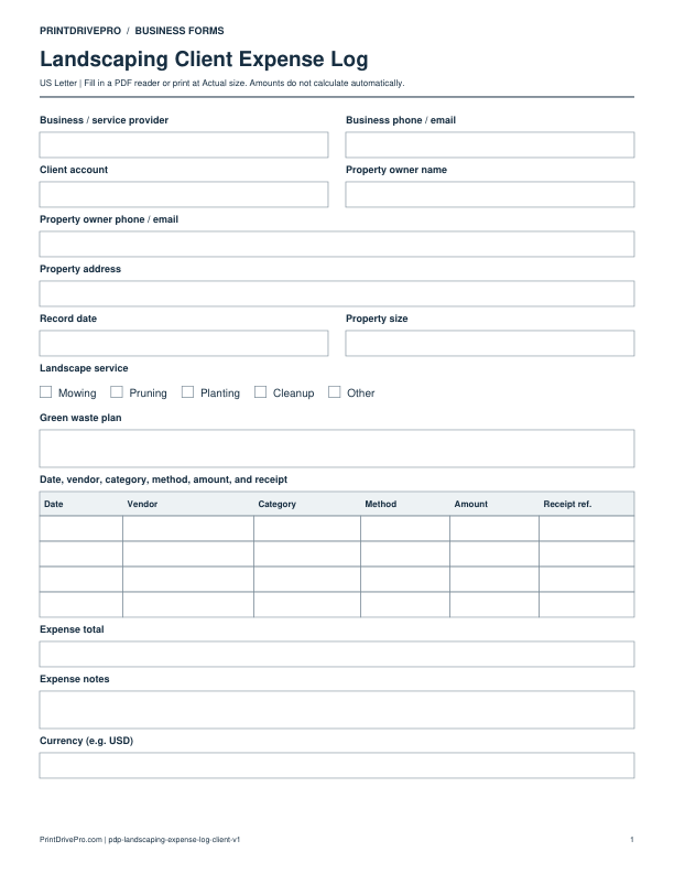 Preview of Landscaping Client Expense Log