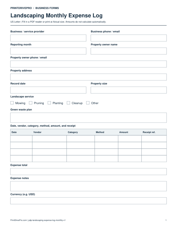 Preview of Landscaping Monthly Expense Log