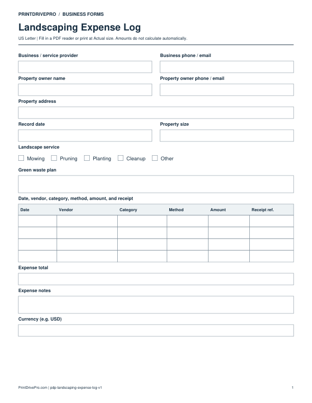 Preview of Landscaping Expense Log