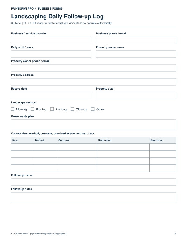 Preview of Landscaping Daily Follow-up Log
