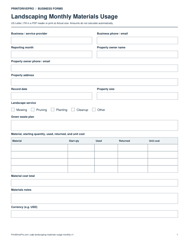 Preview of Landscaping Monthly Materials Usage