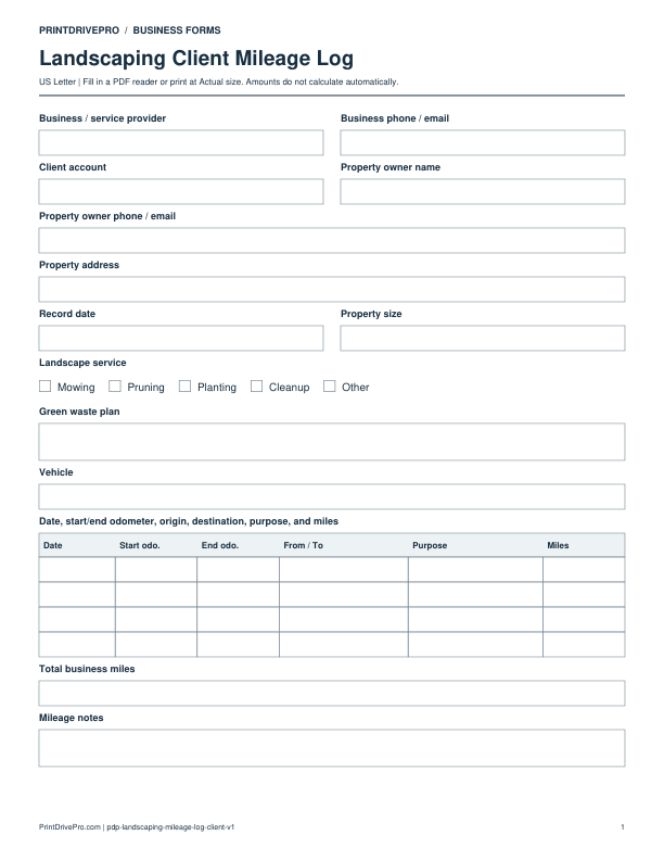 Preview of Landscaping Client Mileage Log