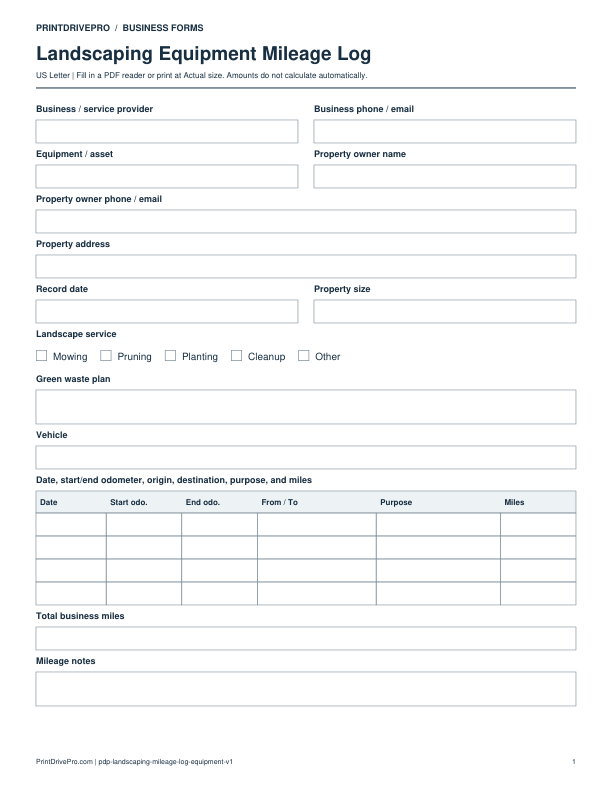 Preview of Landscaping Equipment Mileage Log