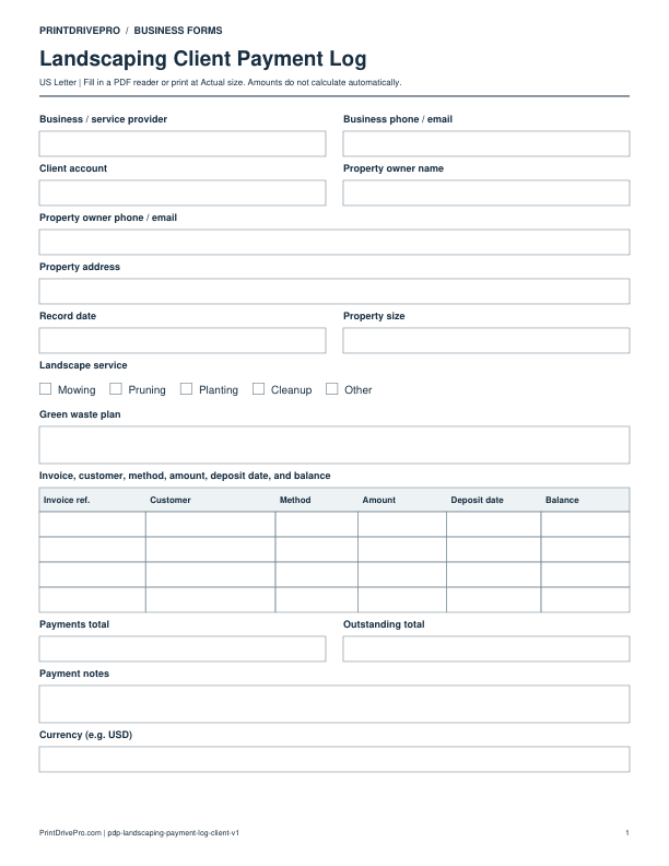 Preview of Landscaping Client Payment Log