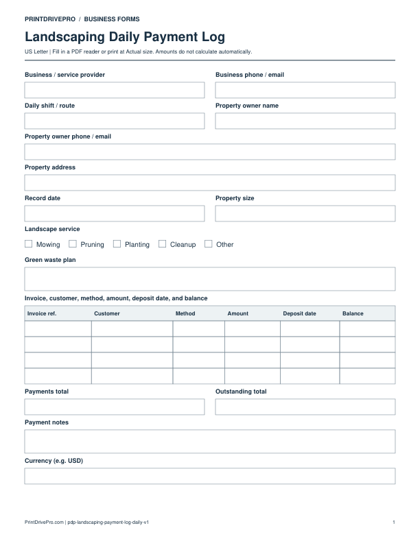 Preview of Landscaping Daily Payment Log