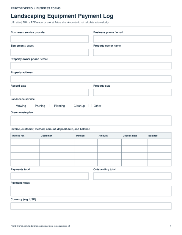 Preview of Landscaping Equipment Payment Log