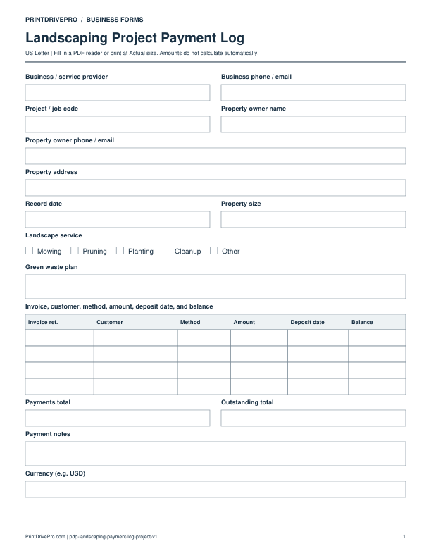 Preview of Landscaping Project Payment Log