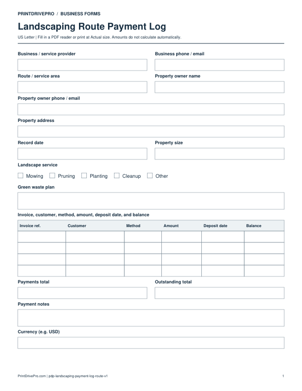 Preview of Landscaping Route Payment Log