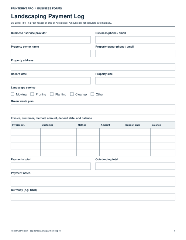 Preview of Landscaping Payment Log