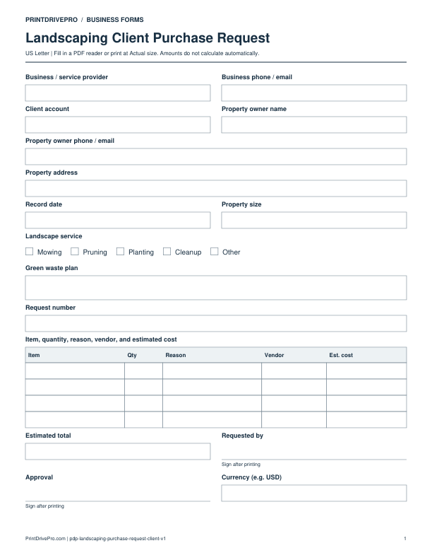 Preview of Landscaping Client Purchase Request