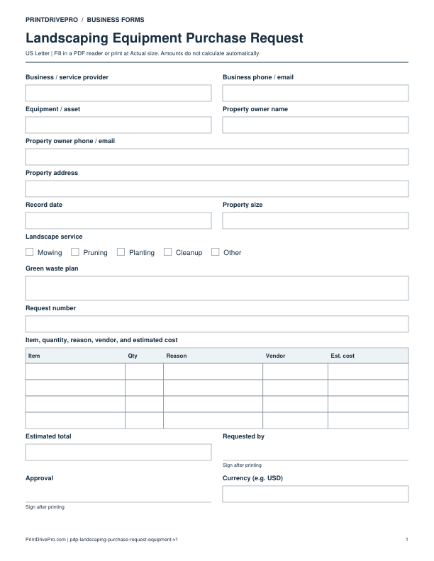 Preview of Landscaping Equipment Purchase Request