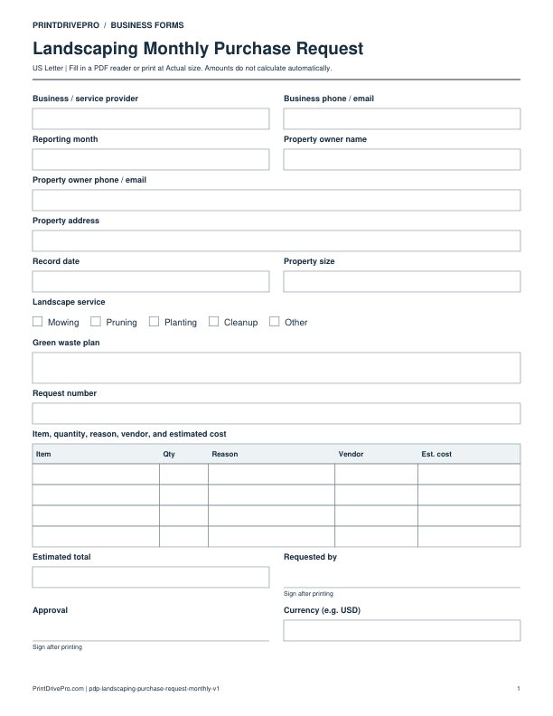 Preview of Landscaping Monthly Purchase Request