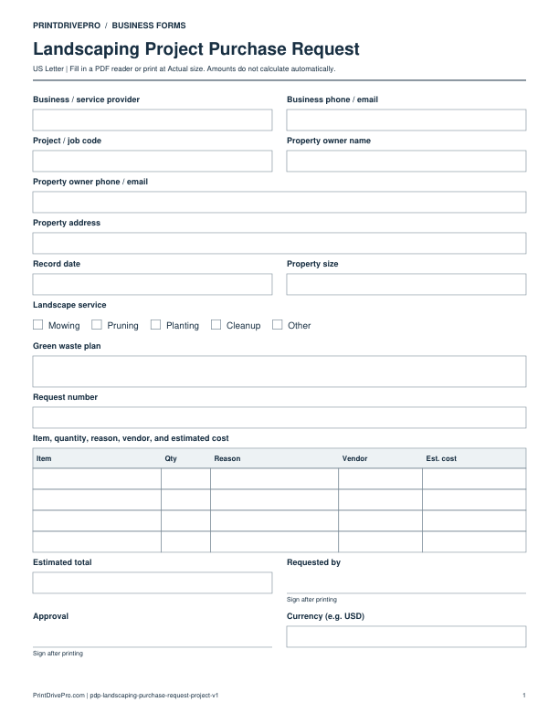 Preview of Landscaping Project Purchase Request